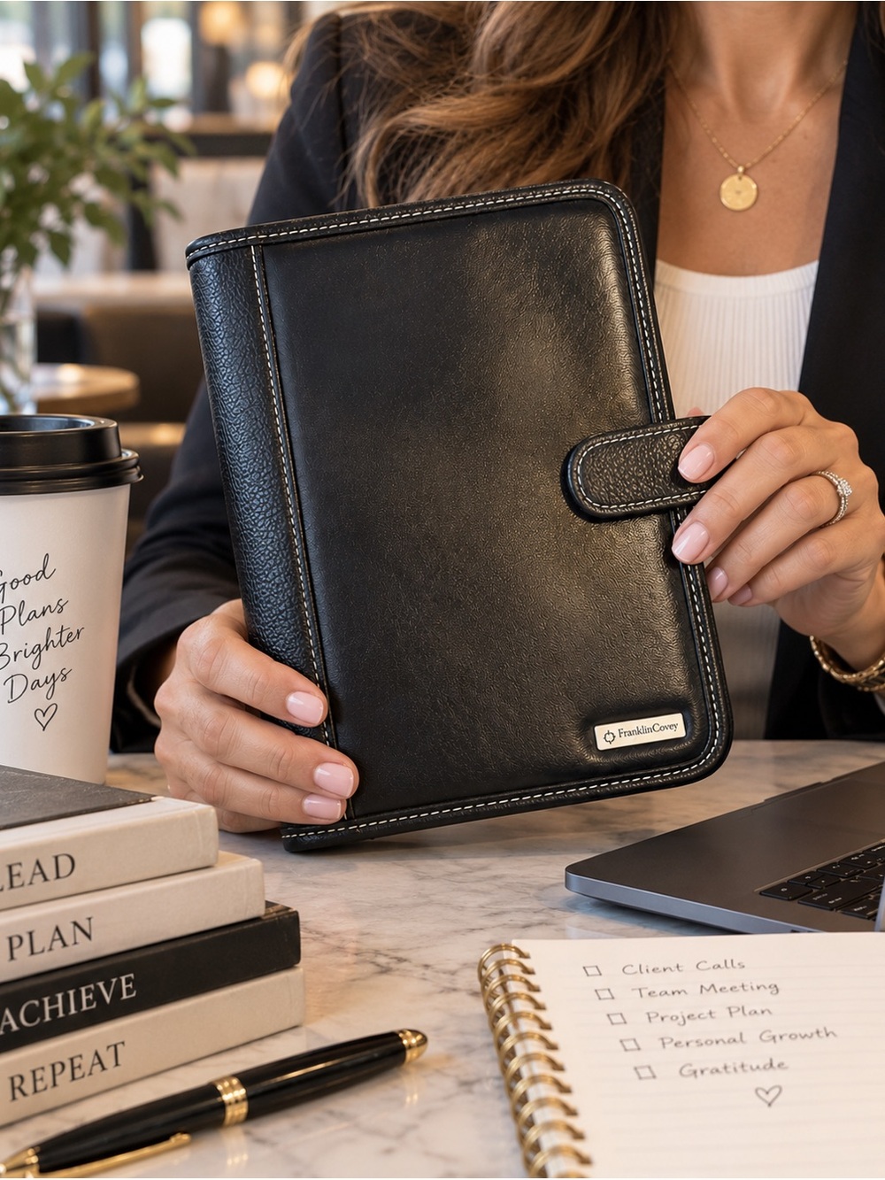 FranklinCovey Black Leather Planner Notebook Cover A5 Portfolio Organizer 7x9.5